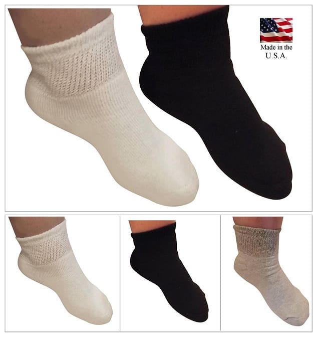 Wide diabetic quarter golf socks - made in the USA - white and grey sock fabrics is 80 percent breathable cotton 15 percent best moisture wicking polyester and 5 percent stretchable spandex - black sock fabrics are 80 percent breathable cotton 15 percent best moisture wicking nylon and 5 percent stretchable spandex.