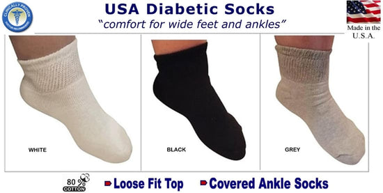 AHG socks on usa diabetic socks website with 80 percent cotton, loose fit top, covered ankle socks. Preferred by Physicians and Made in America. These diabetic socks come in white, black, grey and 3 adult sock sizes. Comfort for wide feet and ankles.